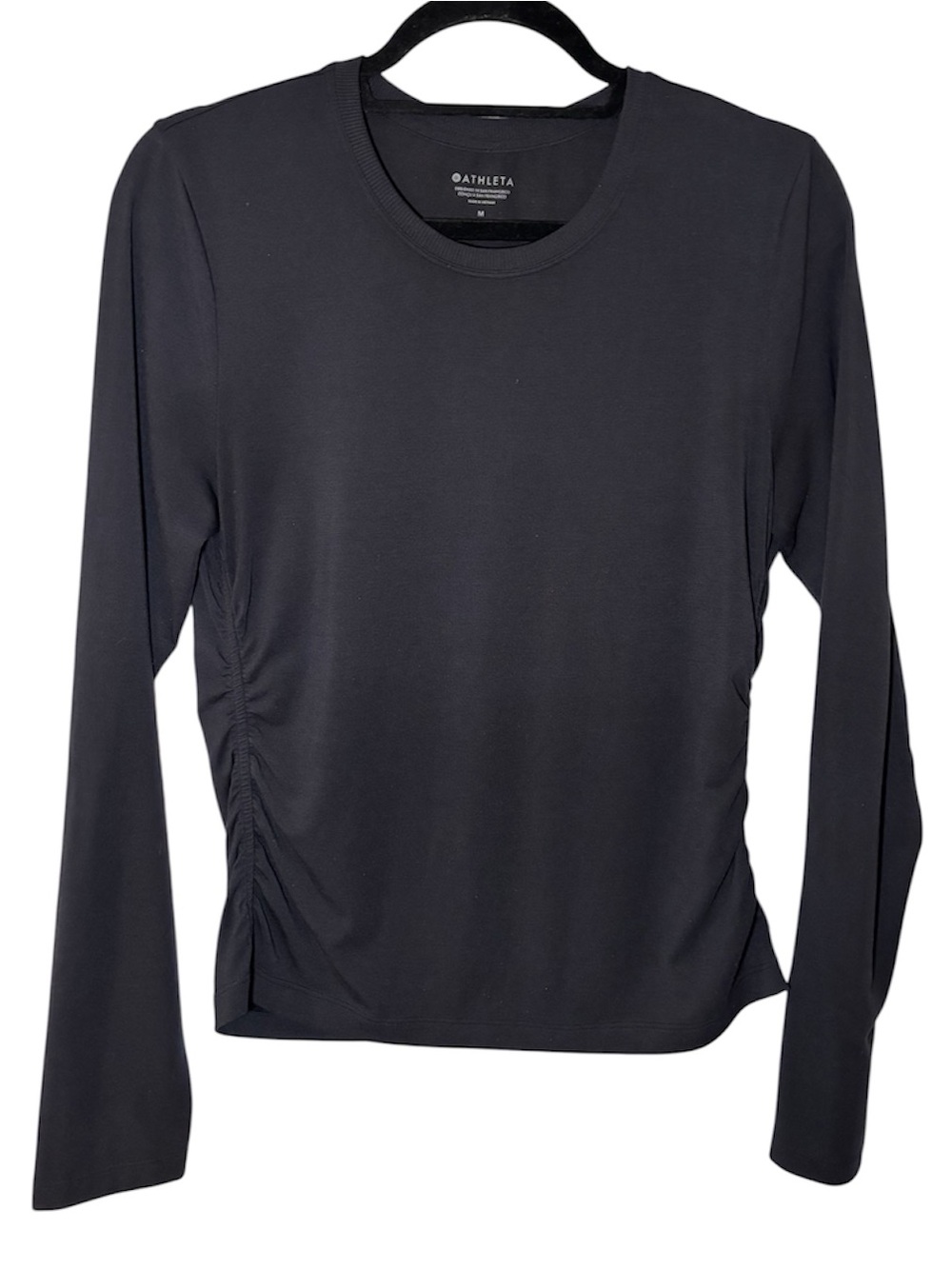 Athleta With Ease Cinch Top Black Long Sleeve Ruched Side Crewneck Medium